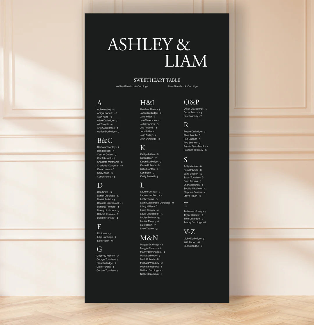 Printed Black Traditional Wedding Seating Chart